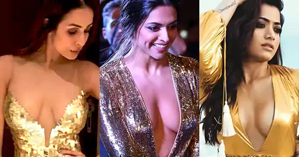 6 Bollywood actresses in golden dresses putting on a busty display.