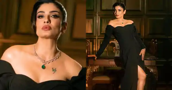 raveena tandon high slit black dress 90s hot actress