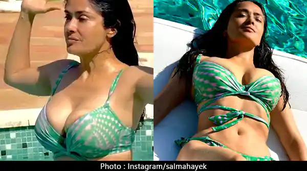 Salma Hayek in stylish green bikini put on a busty display.