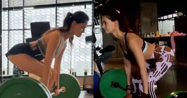 Disha Patani lifting weights and doing squats – workout hot GIFs.