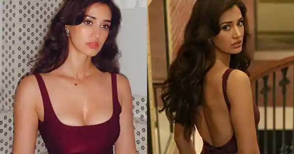 disha patani maroon bodysuit skirt backless cleavage