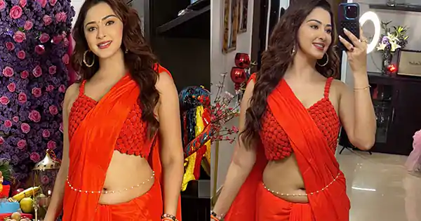 Esshanya Maheshwari stuns in red saree with waist chain – see new pics.