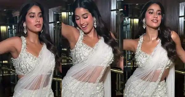 Janhvi Kapoor in sheer white saree with sleeveless blouse looked stunning.