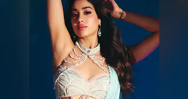 janhvi kapoor turquoise saree pearl tiny blouse armpit