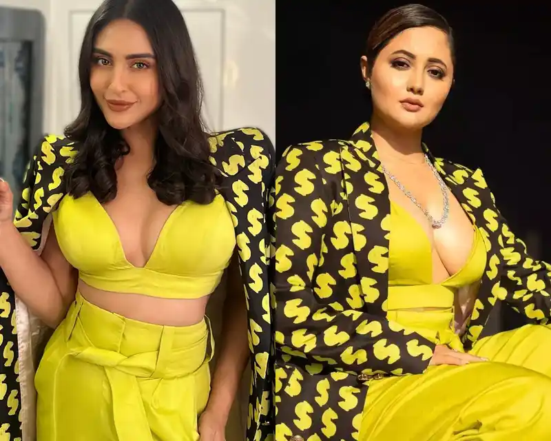 krystal dsouza rashami desai yellow pantsuit cleavage busty