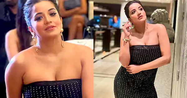 Monalisa in off shoulder short black dress hugging her curvy figure turned heads at an award event.