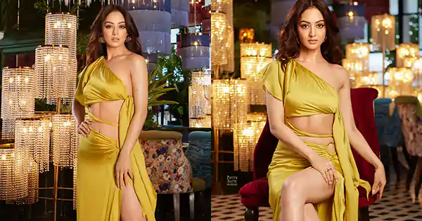 sandeepa dhar high slit golden dress sexy legs