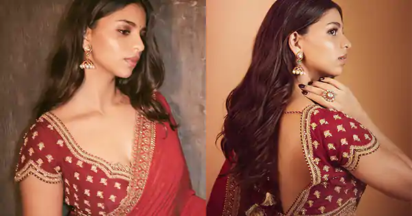 Suhana Khan in red saree with backless blouse wowed fans.