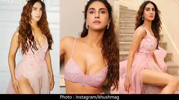 vaani kapoor cleavage sexy legs pink outfits kush magazine photoshoot