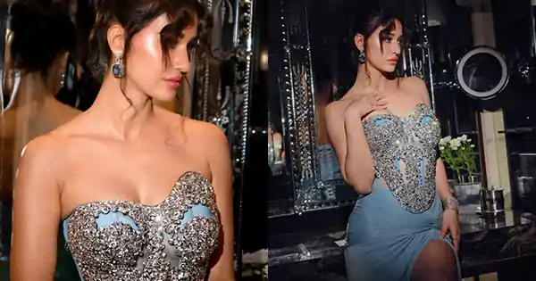 disha patani high slit off shoulder dress blue