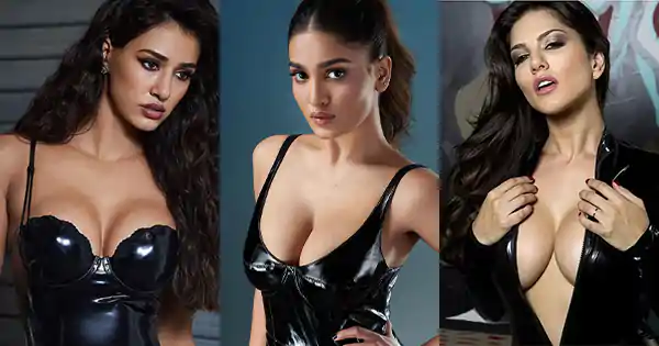 9 popular Indian actresses in latex black outfits putting on a busty display.