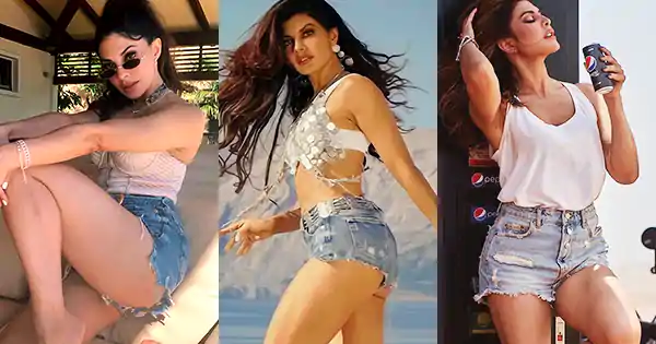 Jacqueline Fernandez sexy legs show in denim shorts.