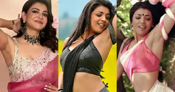 Kajal Aggarwal in sleeveless blouse with saree – hot pics.