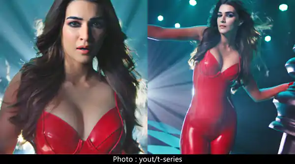 kriti sanon red latex suit hot cleavage sexy body