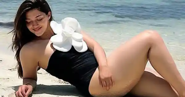 Mehreen Pirzada in black swimsuit flaunted her sexy legs.