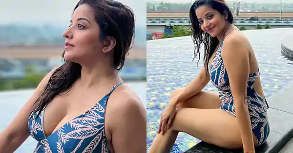 monalisa blue swimsuit cleavage sexy legs curvy indian actress