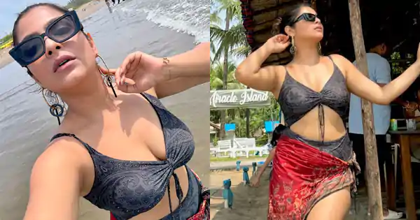 muskan kherani black swimsuit cleavgae curvy figure