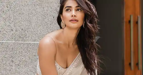 Pooja Hegde in saree with plunging neckline spaghetti strap blouse wows fans.