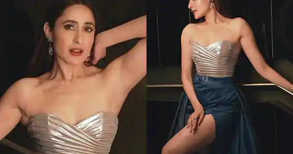 Pragya Jaiswal in thigh high slit skirt with off shoulder top raised the heat.