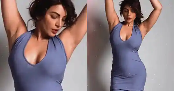 shama sikander blue bodycon drerss armpit cleavage curvy figure