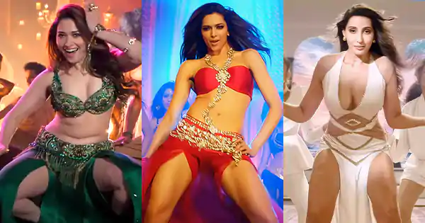 Bollywood actresses in double high slit costumes flaunting sexy legs in songs.