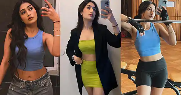 Dhanashree Verma mirror selfies in stylish outfit and gym wear.