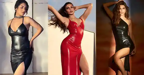 7 Indian actresses in latex high slit dresses flaunting sexy legs.