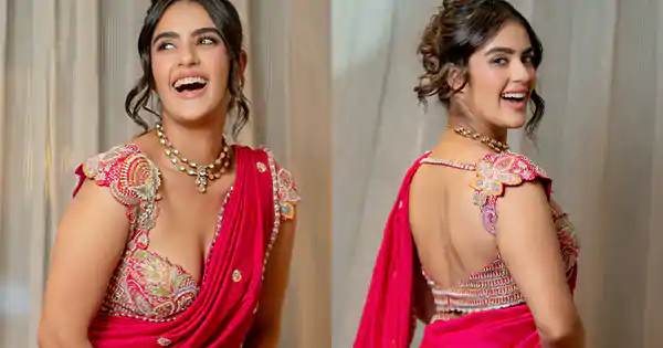 Kavya Thapar in pink saree with backless blouse flaunted her fine curves.