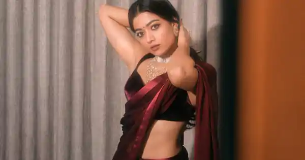 Pushpa 2 actress, Rashmika Mandanna, in maroon saree with sleeveless blouse looked stunning.