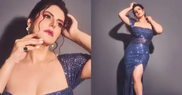 Zareen Khan in thigh high slit dress flaunted her fine curvy figure and sexy legs.