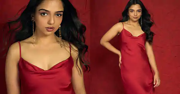 ahsaas channa red satin slip dress