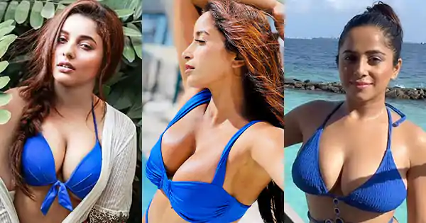 10 Indian actresses in blue bikini putting on a busty display.