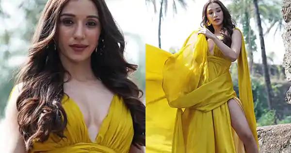 heli daruwala yellow dress high slit sexy legs cleavage sambhala hai maine