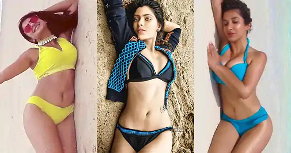 7 Indian actresses in bikini lying in sand and flaunting their sexy figure.