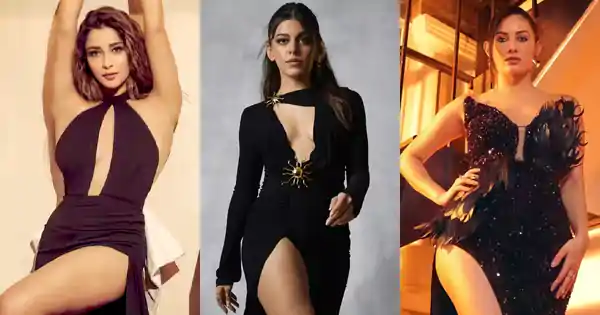 7 Indian actresses in risky thigh high slit black dresses flaunting sexy legs.