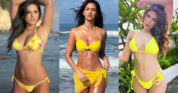 7 Indian actresses in yellow string bikini looking too hot to handle.