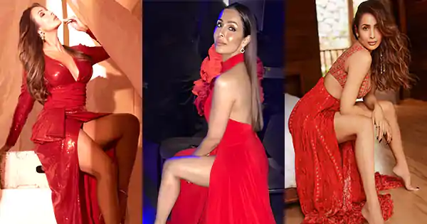 7 stylish looks of Malaika Arora in high slit red outfits flaunting her sexy legs.