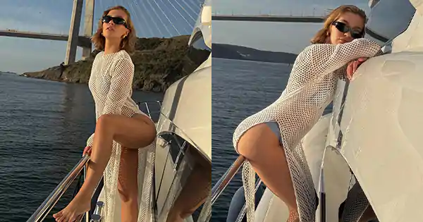 Melisa Dongel flaunted her sexy legs in blue bikini with net cover up while enjoying a boat ride.