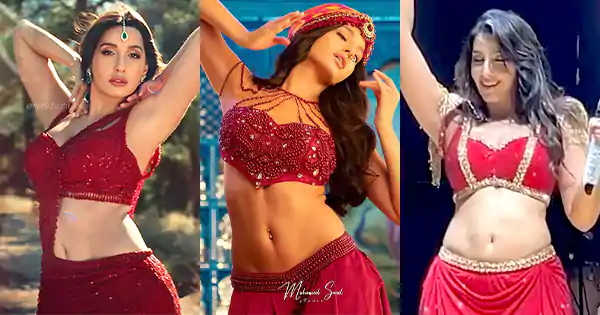 nora fatehi sexy red outfits navel live dance music video