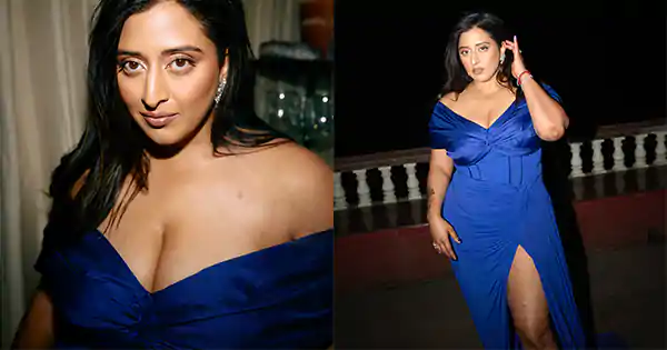 Raja Kumari put on a busty display in thigh high slit blue dress – set social media on fire.