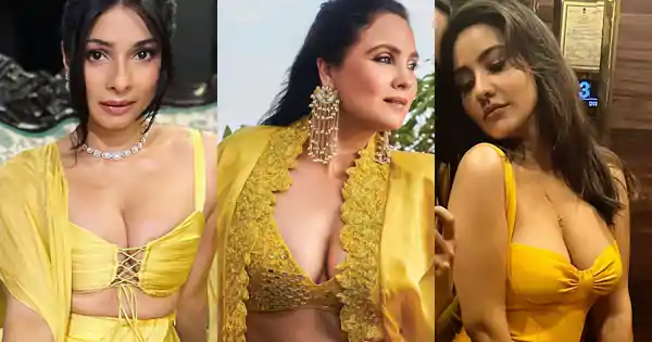 7 Bollywood actresses in yellow outfits putting on a busty display.