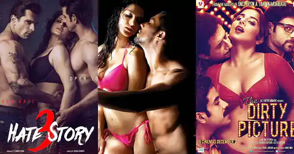 Top 15 sexy Indian movie posters featuring actors in intimate moments.