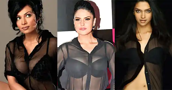 7 Indian actresses in see through black shirts.